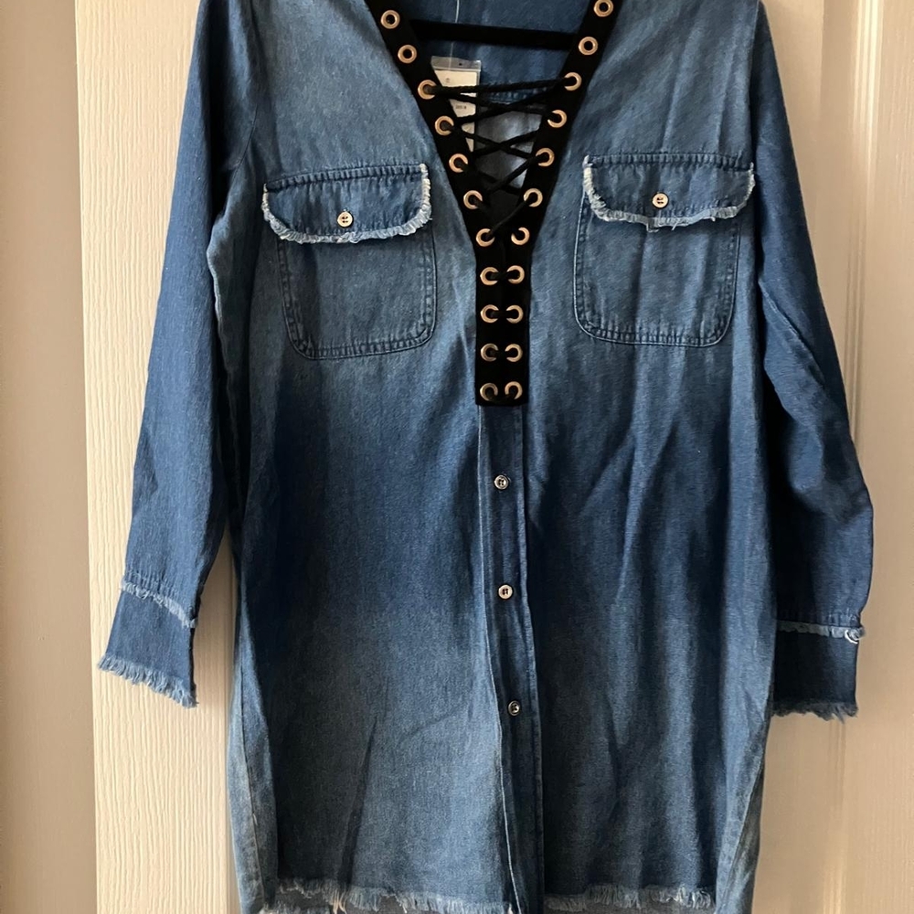 Denim Lace-Up Dress with Grommet Detail